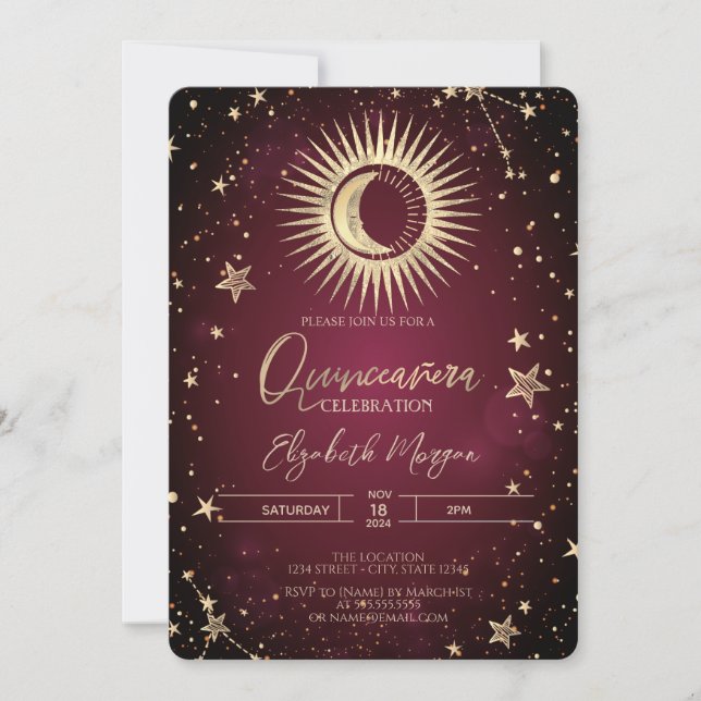 Celestial Gold Sun Moon Stars Red Quinceanera Einladung (Vorderseite)
