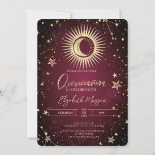 Celestial Gold Sun Moon Stars Red Quinceanera Einladung