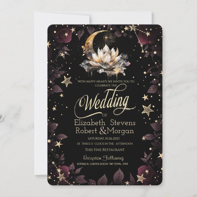 Celestial Gold Sun, Moon, Stars Rose Night Sky Einladung (Vorderseite)