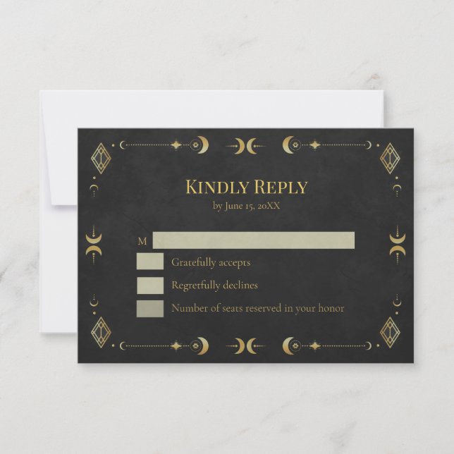 Celestial Gothic Black and Gold RSVP Card Karte (Vorderseite)
