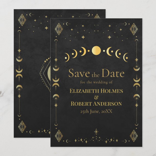 Celestial Gothic Black and Gold Save the Date Card (Vorne/Hinten)