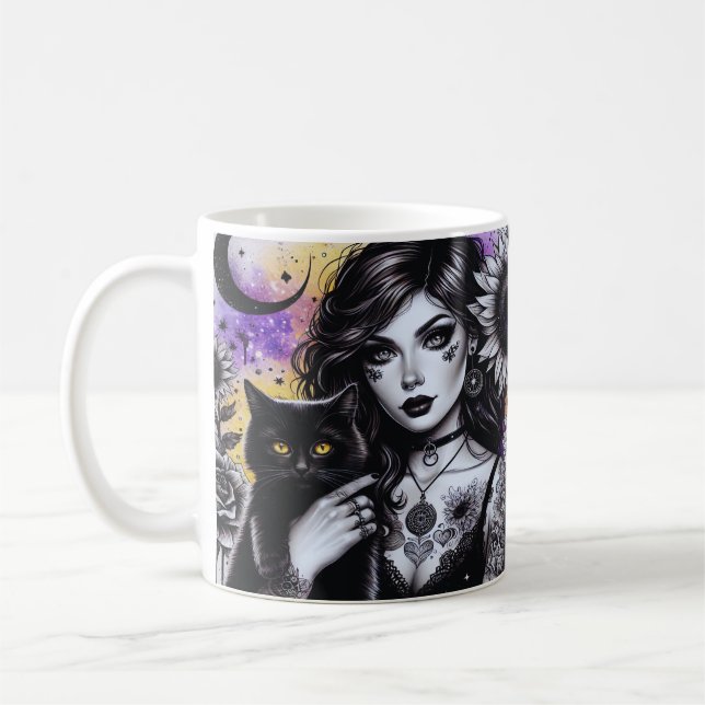Celestial Gothic Hexe und Black Cat Kaffeetasse (Links)