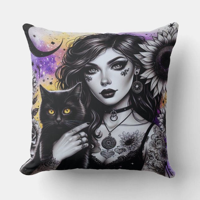 Celestial Gothic Hexe und Black Cat Kissen (Vorderseite)