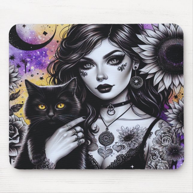 Celestial Gothic Hexe und Black Cat Mousepad (Vorne)