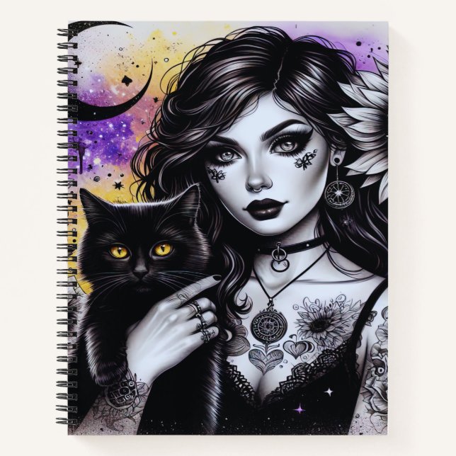 Celestial Gothic Hexe und Black Cat Notizbuch (Vorderseite)
