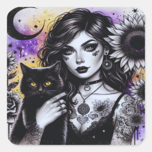 Celestial Gothic Hexe und Black Cat Quadratischer Aufkleber