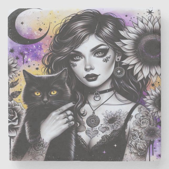 Celestial Gothic Hexe und Black Cat Steinuntersetzer (Vorderseite)