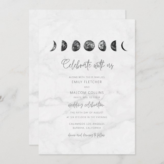 Celestial Gray Marble Moon Phases Wedding Einladung (Vorne/Hinten)