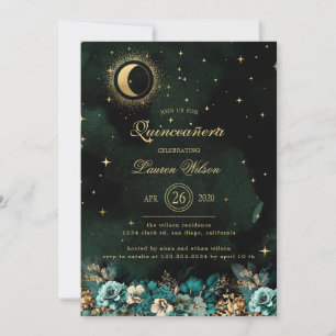 Celestial Green Gold Stars Quinceanera Einladung