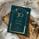Celestial Green Gold Sun Moon Stars 30. Geburtstag Einladung<br><div class="desc">Celestial Green Gold Sun Moon Astronomie 30. Geburtstag Einladungen bietet eine elegante goldene Sonne, Mond und Sterne mit einem goldenen Rahmen auf einem waldgrünen Hintergrund. Im Inneren ist Ihre individuelle Einladung zum dreißigsten Geburtstag Informationen. Personalisieren Sie den Text in den Textfeldern, indem Sie ihn bearbeiten. Für Sie entworfen von Evco...</div>