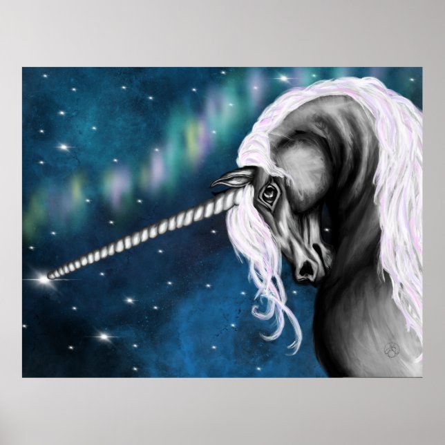 Celestial Guardian: Graues Einhorn mit Aurora Tanz Poster (Vorne)