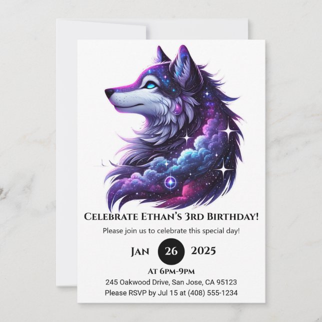 Celestial Howl Wolf Birthday Einladung (Vorderseite)