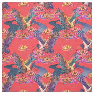 Celestial Ibis and Lily Pond on Coral Red Stoff