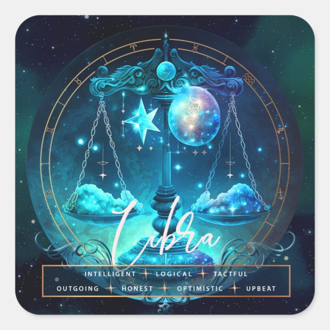Celestial Libra Symbol Fantasy Ehereal Blue Zodiac Quadratischer Aufkleber (Vorderseite)