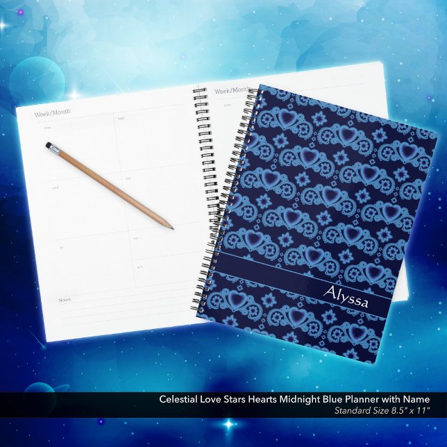 Celestial Liebe Stars Hearts Name Midnight Blue Planer (Celestial Love Stars and Hearts Midnight Blue Planner Personalized with Your Name. )