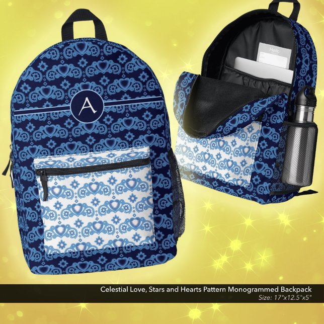 Celestial Liebe Stars Herz Muster Mit Monogramm Bedruckter Rucksack (Celestial Love, Stars and Hearts Pattern, Monogrammed Backpack in Dark Blue and White.)