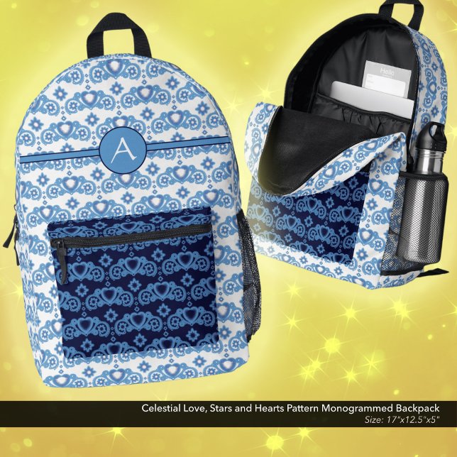 Celestial Liebe Stars Herz Muster Mit Monogramm Bedruckter Rucksack (Celestial Love, Stars and Hearts Pattern, Monogrammed Backpack in White and Dark Blue.)