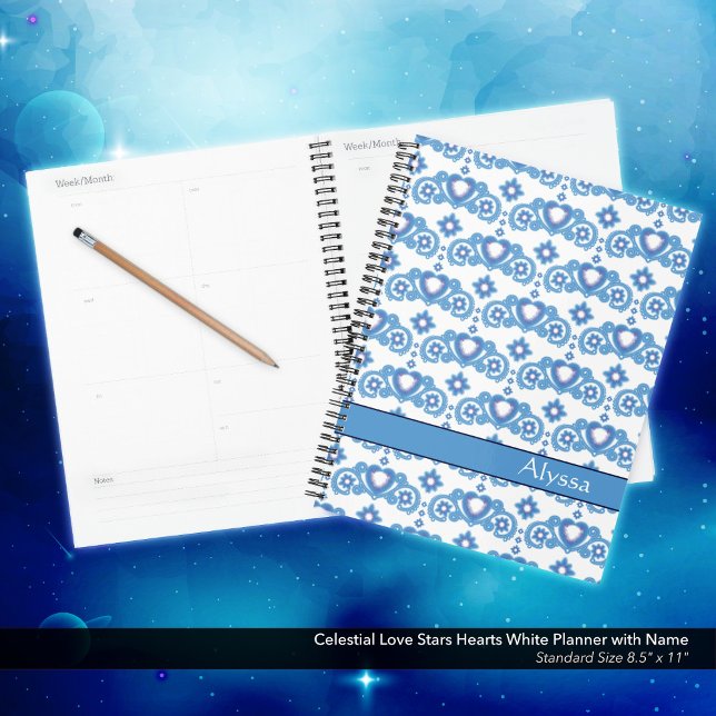Celestial Liebe Stars Herzname Weiß Planer (Celestial Love Stars and Hearts White Planner Personalized with Your Name. )