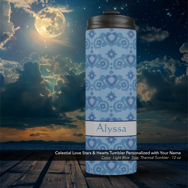Celestial Liebe Stars hören hellblau Thermosbecher (Celestial Love Stars and Hearts Light Blue Thermal Tumbler Personalized with Your Name)
