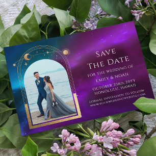 Celestial Lila Aquamarine Gold Sun Moon Stars Save The Date