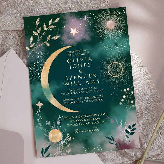 Celestial Magic Moon & Stars Emerald Wedding Einladung (Von Creator hochgeladen)