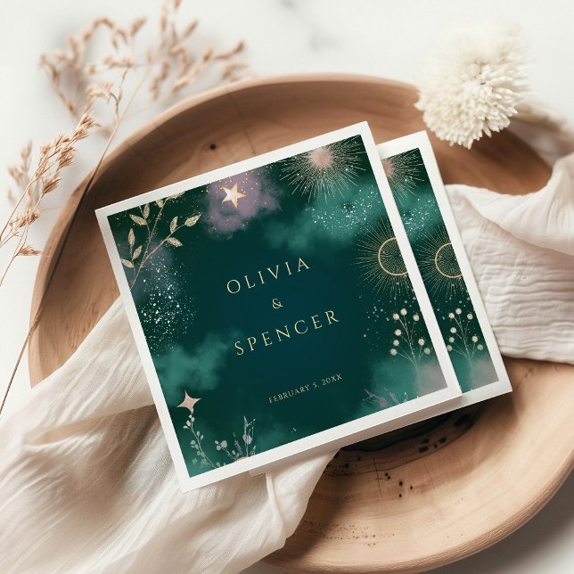 Celestial Magic Moon & Stars Emerald Wedding Serviette (Von Creator hochgeladen)