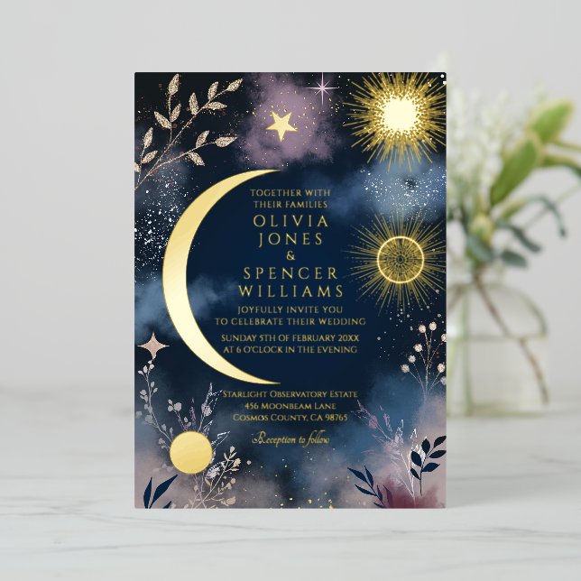Celestial Magic Moon & Stars Wedding Folieneinladung (Stehend vorne)