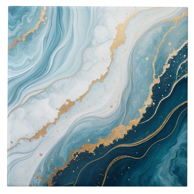 Celestial Marble - Blau, Weiß und Gold Luxus Fliese (Vorderseite)