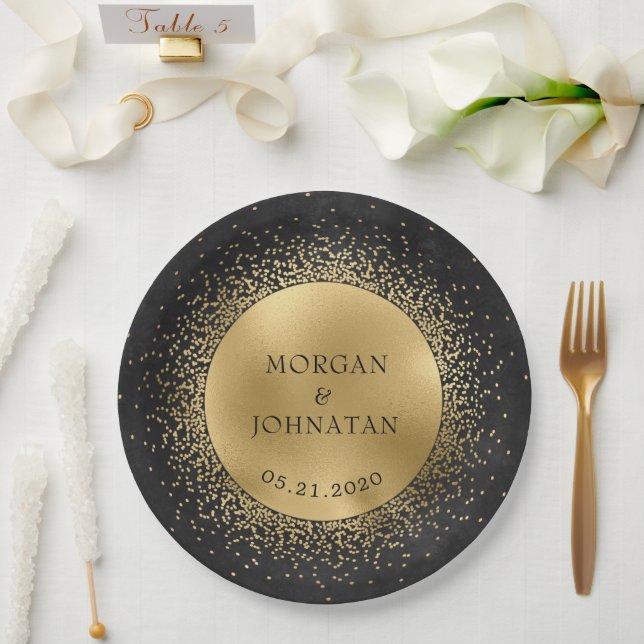 Celestial Midnight Black Gold Moon Paper Plate Pappteller (Hochzeit)