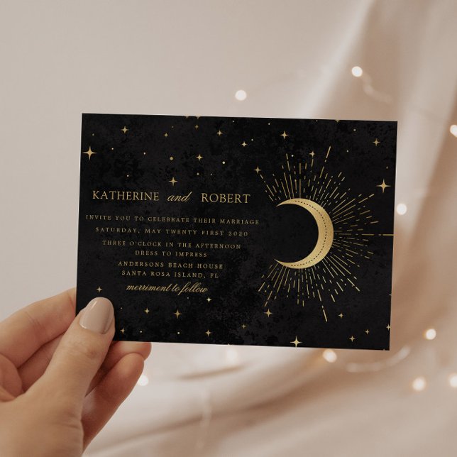 Celestial Midnight Black Gold Stars Wedding Einladung (Von Creator hochgeladen)