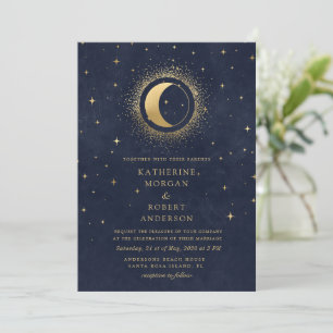 Celestial Midnight Blue English Spanish Wedding Einladung