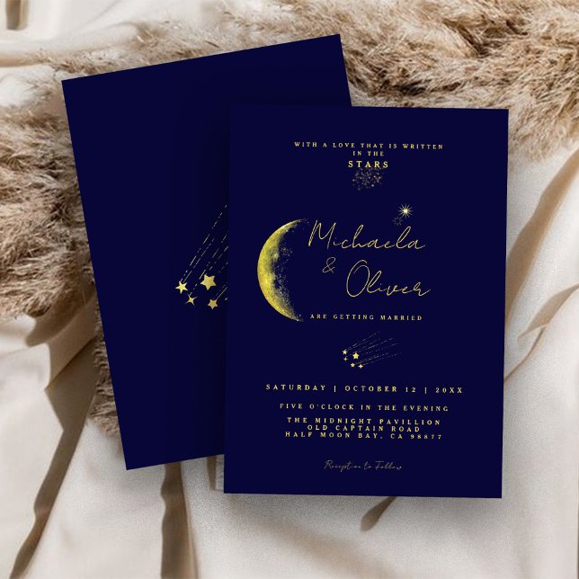 Celestial Midnight Blue Gold Crescent Moon Wedding Einladung (Von Creator hochgeladen)