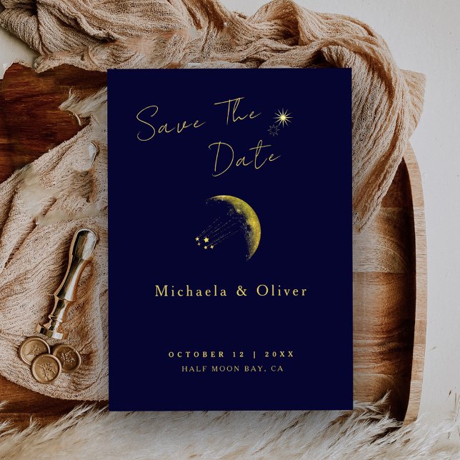 Celestial Midnight Blue Gold Crescent Moon Wedding Save The Date (Von Creator hochgeladen)