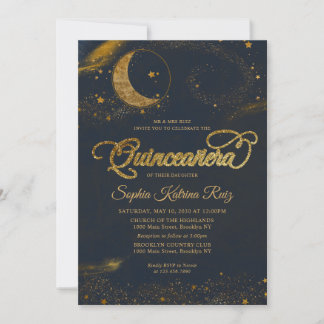Celestial Midnight Blue Gold Star Moon Quinceanera Einladung