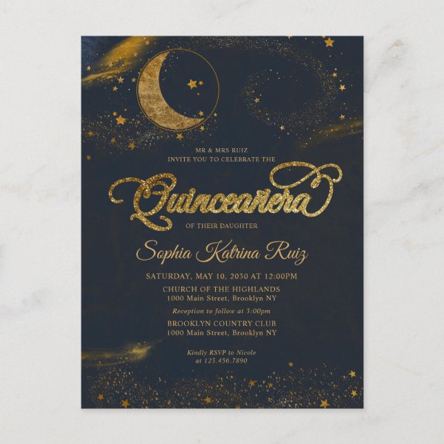 Celestial Midnight Blue Gold Star Moon Quinceanera Postkarte (Vorderseite)