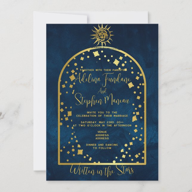 Celestial Midnight Blue Gold Star Moon Sun Wedding Einladung (Vorderseite)