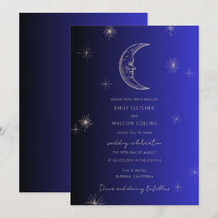 Celestial Midnight Blue Moon Stars Wedding Einladung