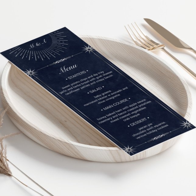 Celestial Midnight Blue Silver Wedding Dinner Menu Einladung (Von Creator hochgeladen)