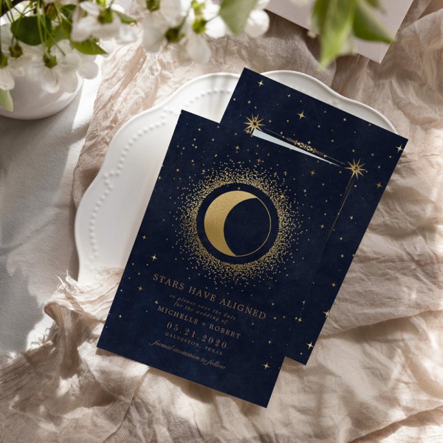 Celestial Midnight Blue Stars Foto Save the Date Einladung (Von Creator hochgeladen)