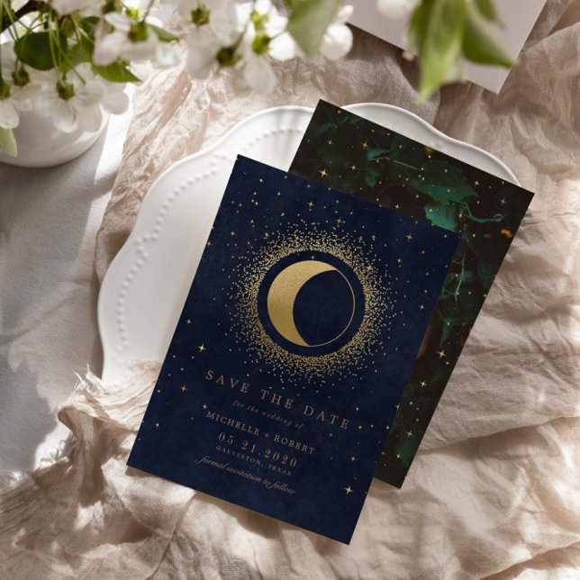 Celestial Midnight Blue Stars Foto Save the Date Einladung (Von Creator hochgeladen)