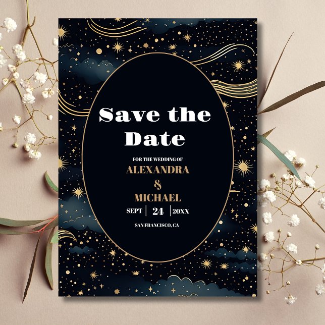 Celestial Midnight Blue Stars Moon Wedding Save The Date (Von Creator hochgeladen)