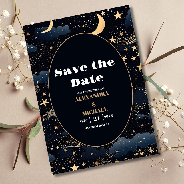 Celestial Midnight Blue Stars Moon Wedding Save The Date (Von Creator hochgeladen)