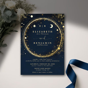 Celestial Midnight Gold Monogramme Elegante Hochze Folieneinladung