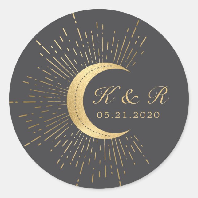 Celestial Midnight Gold Moon Wedding Runder Aufkleber (Vorderseite)