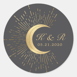 Celestial Midnight Gold Moon Wedding Runder Aufkleber