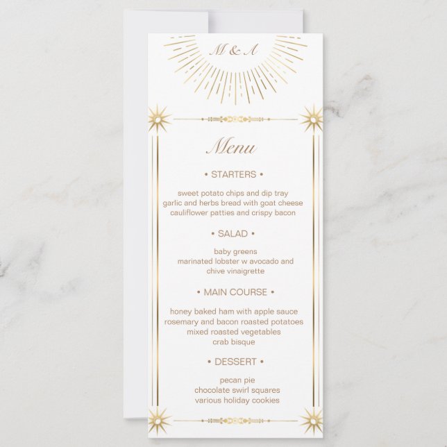Celestial Midnight Gold Wedding Dinner Menu Einladung (Vorderseite)