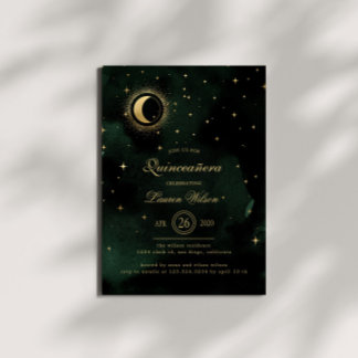 Celestial Midnight Green Gold Stars Quinceanera Einladung