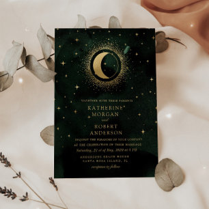 Celestial Midnight Green Stars Moon Wedding Einladung