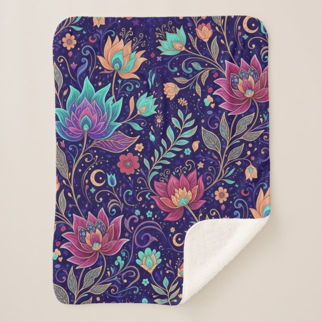 Celestial Midnight Lotus Floral Pattern Blanket Sherpadecke (Vorderseite)