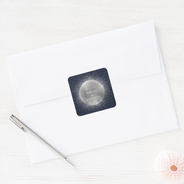 Celestial Midnight Silver Moon Save the Date Quadratischer Aufkleber (Umschlag)